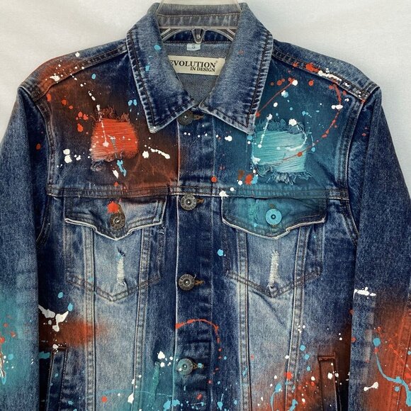 Evolution in Design Denim Jean Jacket Teen Boys Size Small Paint Splatter - Picture 2 of 16